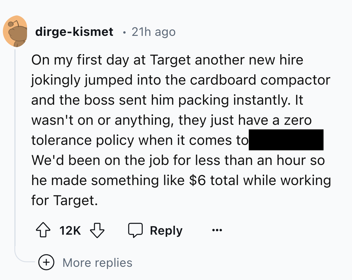screenshot - dirgekismet 21h ago On my first day at Target another new hire jokingly jumped into the cardboard compactor and the boss sent him packing instantly. It wasn't on or anything, they just have a zero tolerance policy when it comes to We'd been o